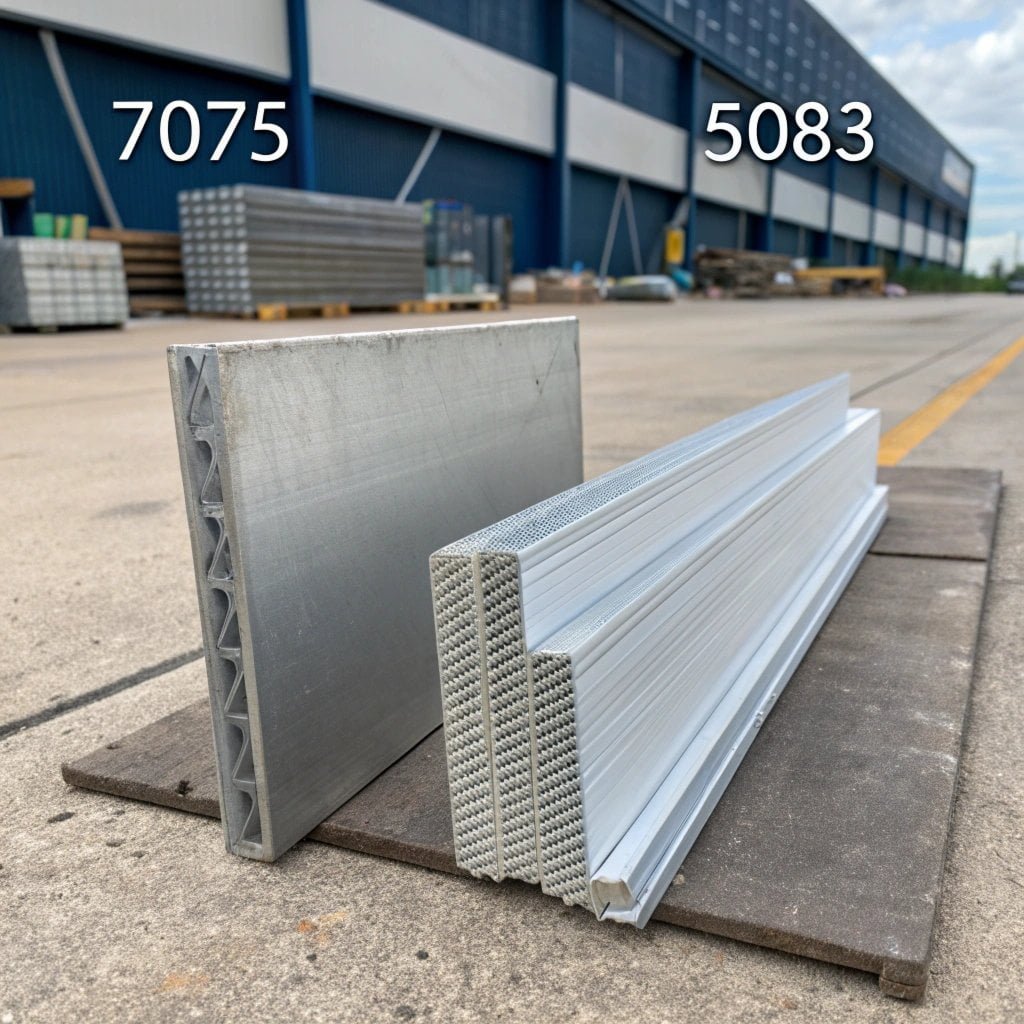 A split image showing a high-tech aircraft part made of 7075 aluminum and a ship hull made of 5083 aluminum